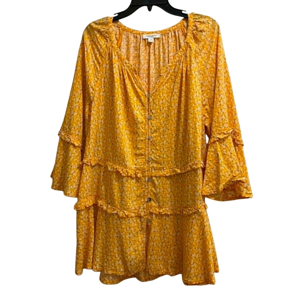 Beachlunchlounge Tunic Top Womens L Yellow Floral Tiered Bell Sleeve Boho Blouse
